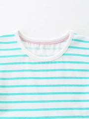 Baby dress with aqua marine stripes, cotton, round neck, pink trim detail