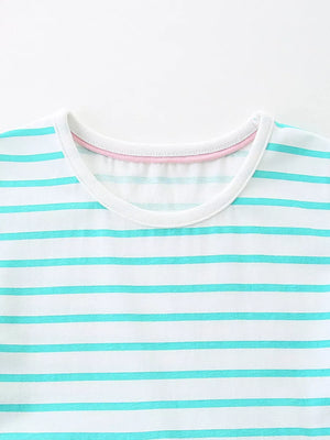 Baby dress with aqua marine stripes, cotton, round neck, pink trim detail
