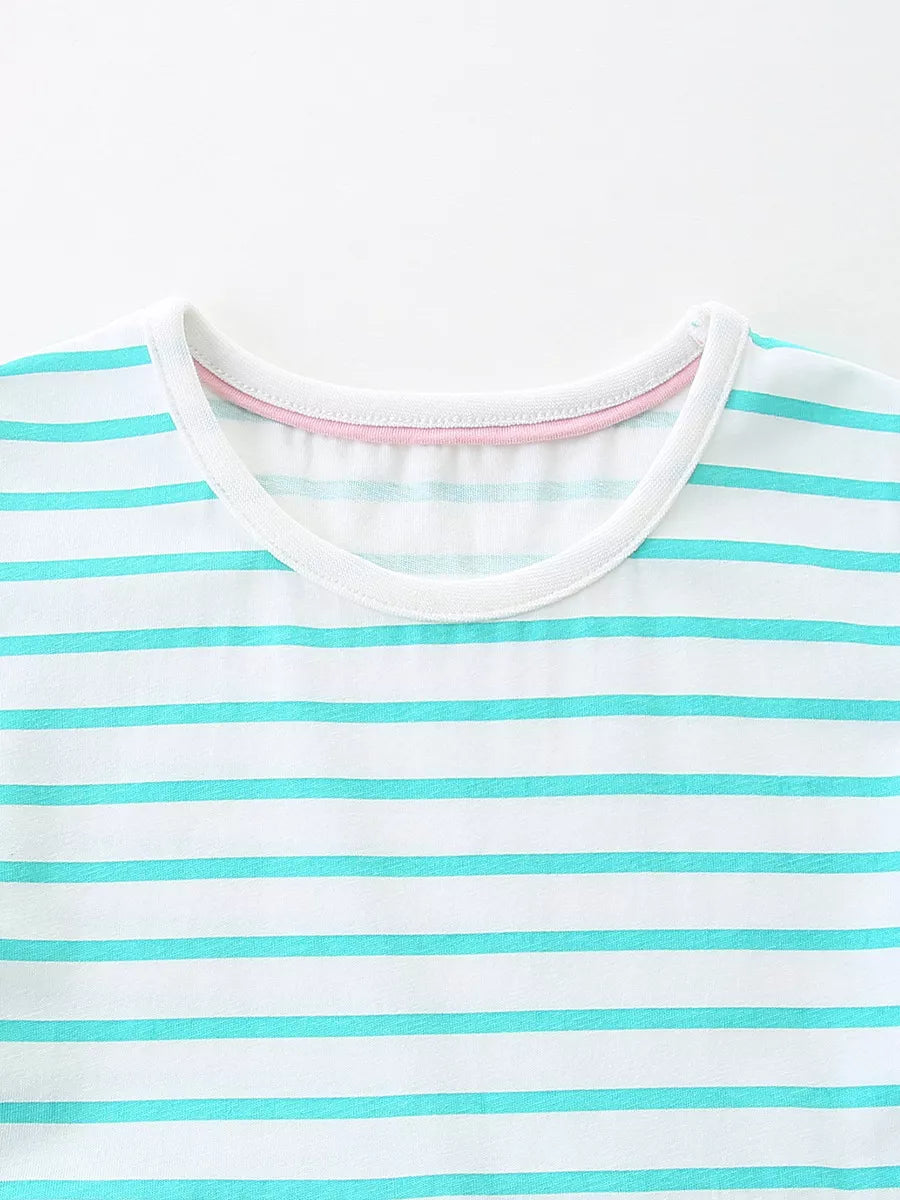 Baby dress with aqua marine stripes, cotton, round neck, pink trim detail