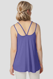 Purple trapeze cami with double spaghetti straps and a scoop neckline.