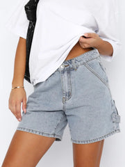 Light blue denim carpenter shorts with utility pockets and a relaxed fit.