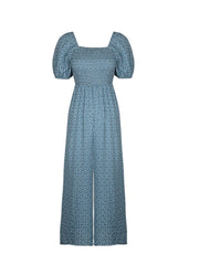 Smocked bodice floral jumpsuit in Dusty Blue with puff sleeves and wide legs.