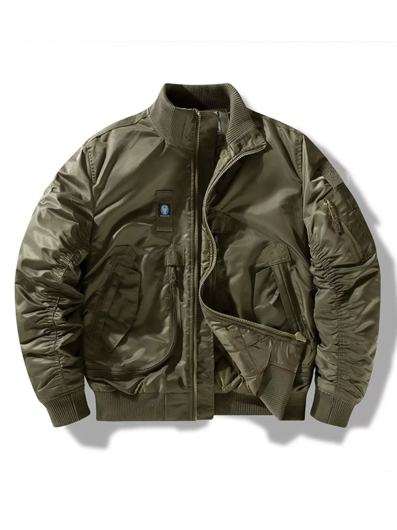 Men's military green bomber jacket with full zip, ruched sleeves, and multiple pockets.