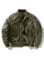 Men's military green bomber jacket with full zip, ruched sleeves, and multiple pockets.