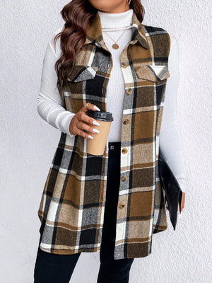 Oversized plaid shirt vest in brown, black, and white with button front and chest pockets.