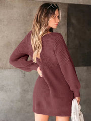 Burgundy knit mini dress with balloon sleeves and textured bodice.