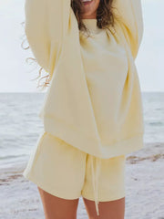 Yellow crew neck sweatshirt and drawstring shorts lounge set