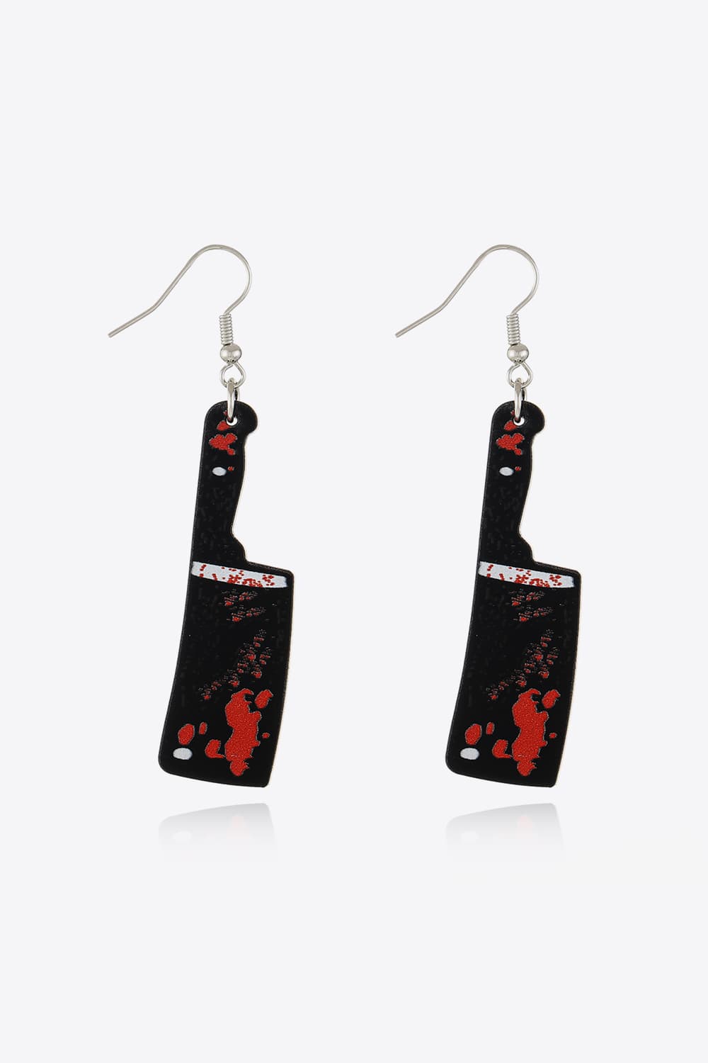 Gory blade drop earrings in black with red splatters, featuring silver hooks.