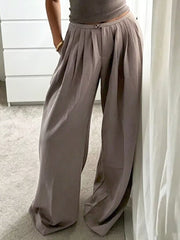 Wide-leg Pleated Pants in Khaki, close-up detail