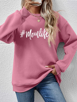 Momlife Crewneck Sweatshirt in Blush Pink with white graphic text