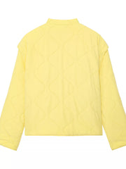 Yellow quilted puffer jacket with a stand collar and wave stitching detail.
