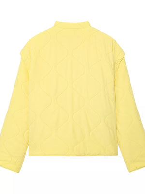 Yellow quilted puffer jacket with a stand collar and wave stitching detail.