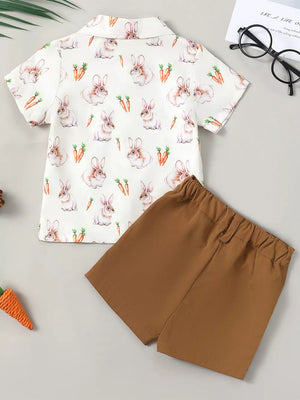 Baby set with bunny and carrot print white short sleeve button-up shirt and brown shorts