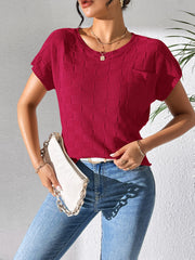 Burgundy knit pocket tee with textured check pattern and short sleeves.
