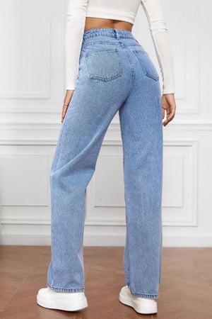 Light blue denim jeans with a wide leg and sculpted waist, shown from the back.