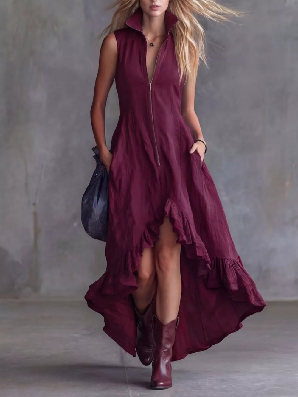 Burgundy high-low ruffled dress with zipper and collar, sleeveless.