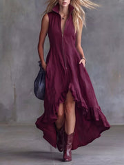 Burgundy high-low ruffled dress with zipper and collar, sleeveless.