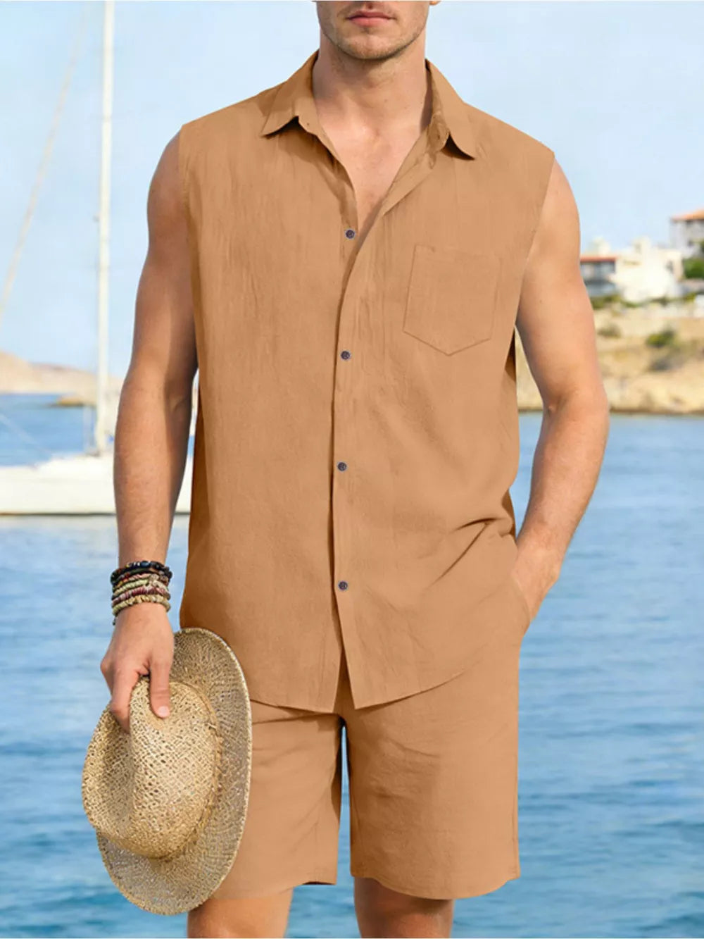 Men's Ochre linen two-piece set with sleeveless collared shirt and shorts.