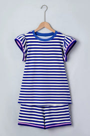 Blue and white striped two-piece set with ruffle sleeves and pink trim.