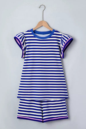 Blue and white striped two-piece set with ruffle sleeves and pink trim.