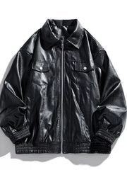 Black leather zip-up jacket with collared neckline and chest pockets.