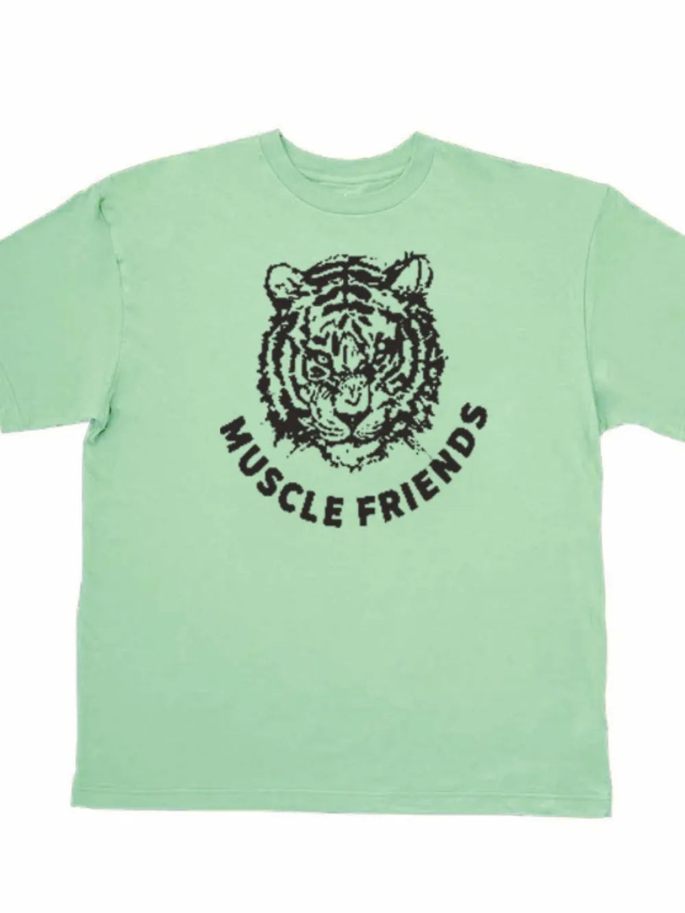 Oversized graphic tee in Gum Leaf green with a black tiger face and Muscle Friends text.