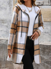 Longline plaid hoodie jacket in camel with zip front and drawstring hood.