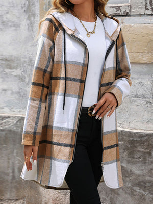 Longline plaid hoodie jacket in camel with zip front and drawstring hood.