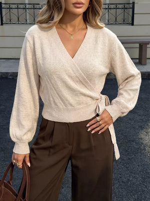Tied Surplice Long Sleeve Sweater, close-up detail