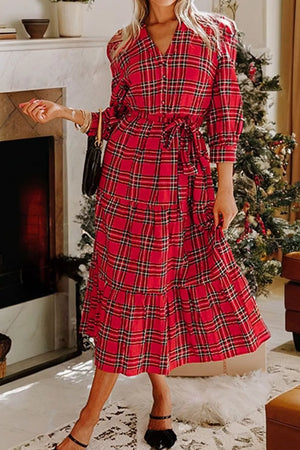 Christmas Plaid V Neck Tie Waist Midi Dress in Deep Red, alternate angle
