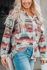 Southwestern print button-down blouse in multicolor with a tie-front detail.