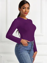 Deep Purple long sleeve ribbed jersey bodysuit with a crew neck.