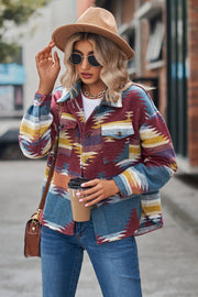 Southwestern print overshirt jacket in burgundy, blue, and tan with button front and chest pockets.