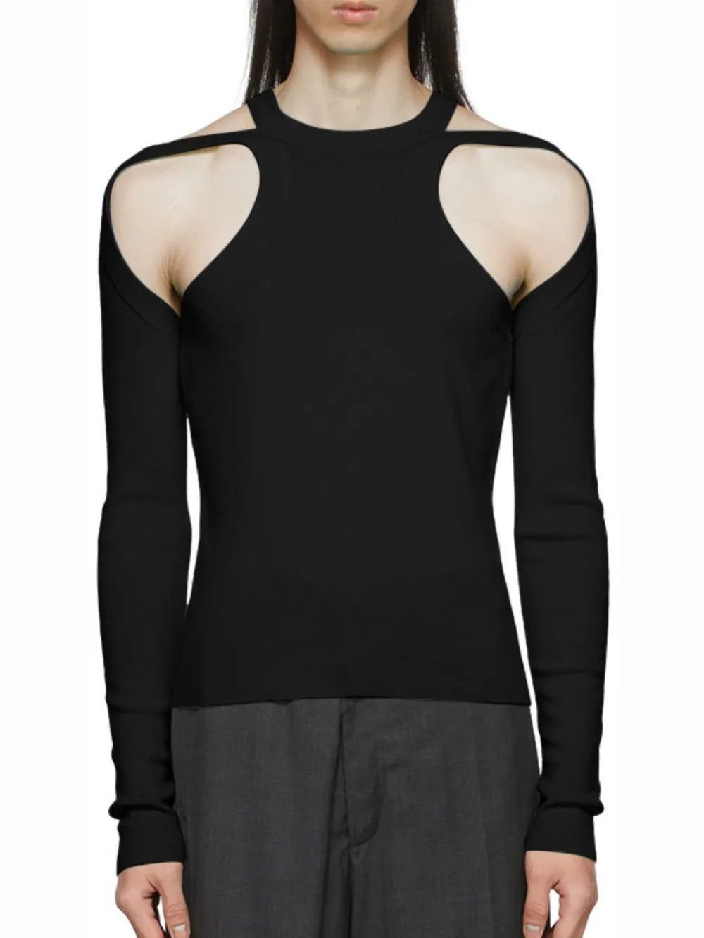 Black ribbed knit sweater with shoulder cutouts and long sleeves.