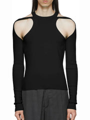 Black ribbed knit sweater with shoulder cutouts and long sleeves.