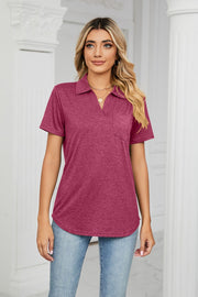 Deep Rose V-neck polo shirt with short sleeves and a chest pocket.