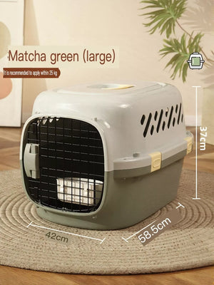 Large two-tone pet carrier in Matcha Green and white with a black metal door and ventilation slots.