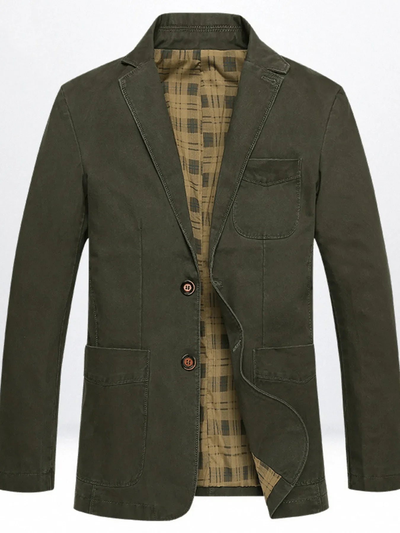 Men's army green cotton casual button-up blazer with plaid lining and flap pockets.