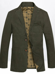 Men's army green cotton casual button-up blazer with plaid lining and flap pockets.