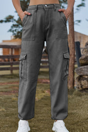Dark gray cargo pants with multiple pockets and a relaxed fit.