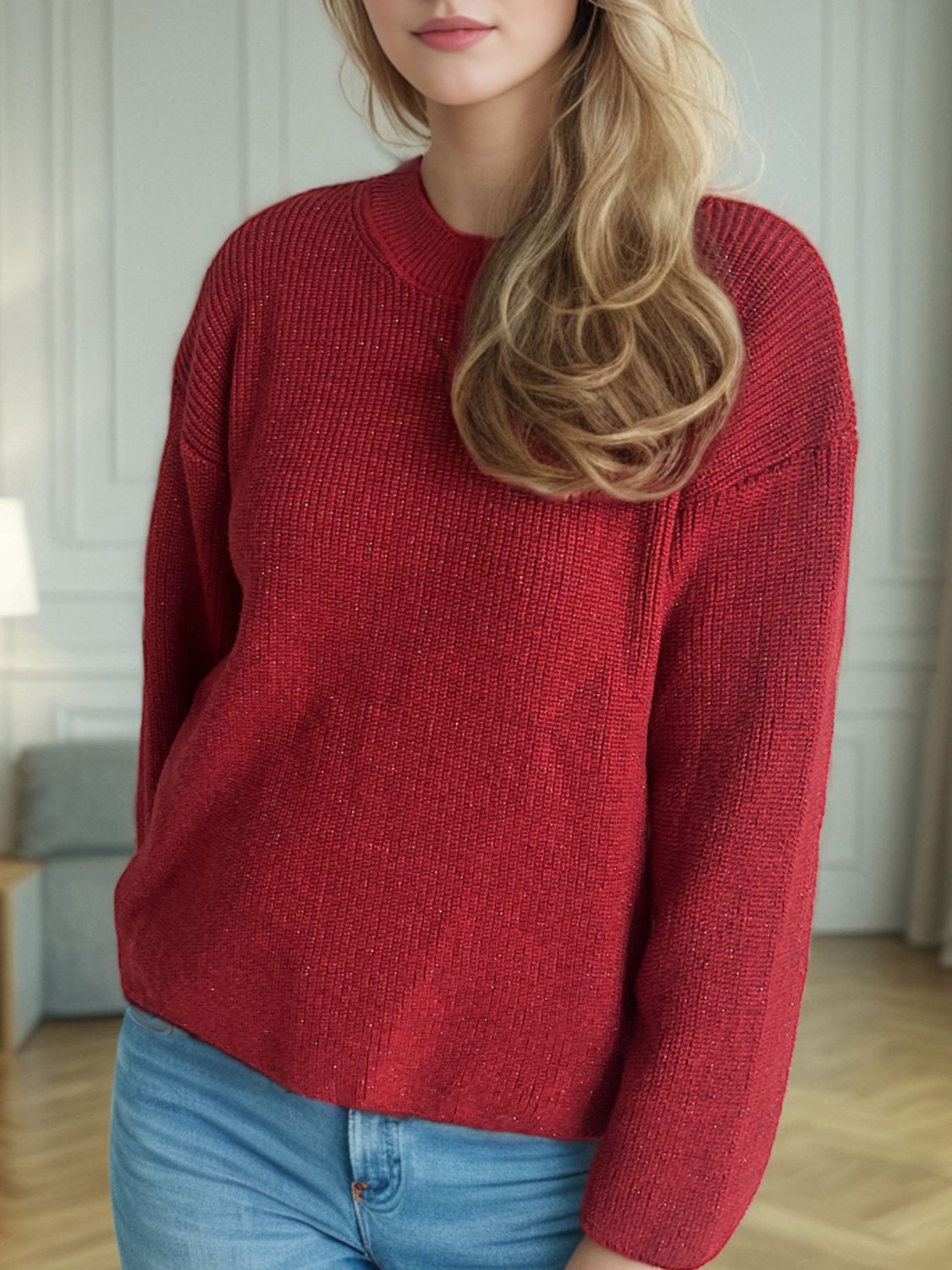 Textured ribbed knit oversized sweater in scarlet with subtle shimmer detail.