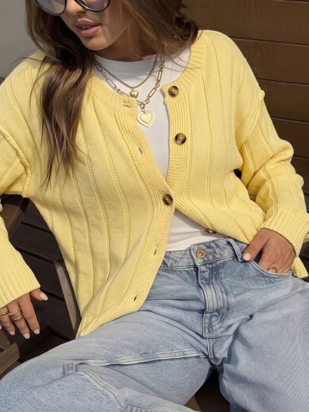 Button Up Dropped Shoulder Cardigan, close-up detail