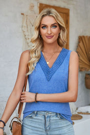 Blue V-neck tank top with crochet trim detail and a casual fit.