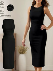 Black sleeveless round neck midi dress with ruched waist detail.