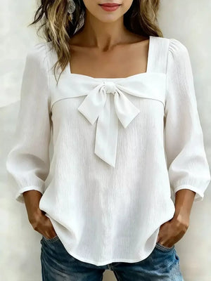 Full Size Bow Front Square Neck Blouse Plus in Yellow, model styling view