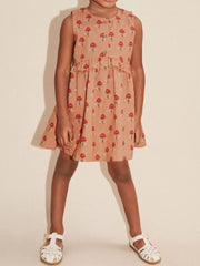 Toddler girls' peach cotton dress with red floral print, button front, and ruffled waist.