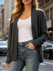 Cozy Cable Knit Button-up Cardigan in Gray, model styling view