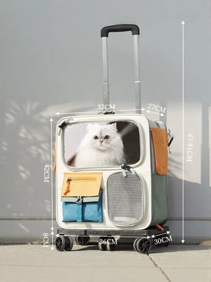 White rolling pet carrier backpack with transparent window and multiple pockets.