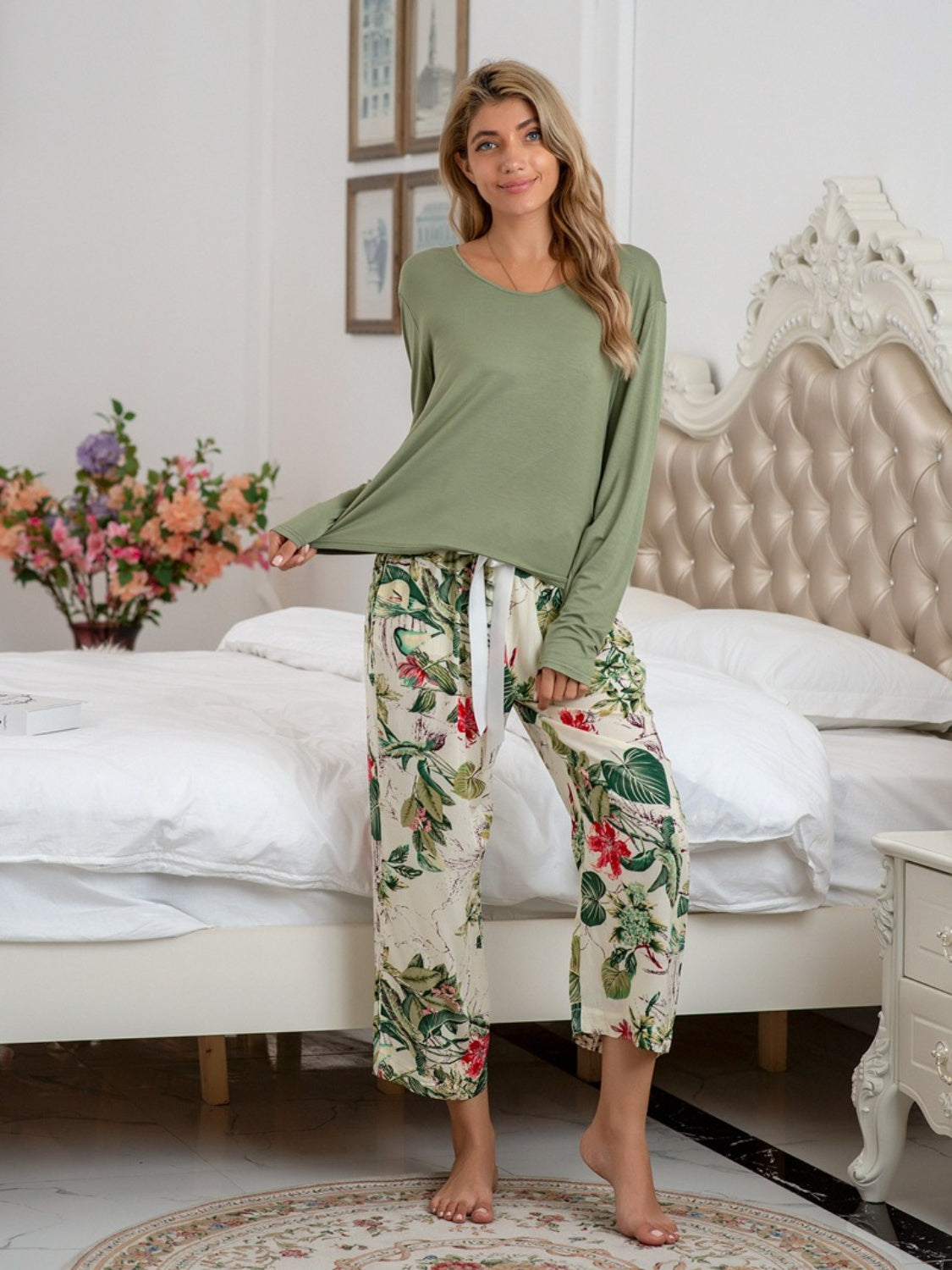 Botanical print lounge set with tie waist pants and long sleeve top in Matcha Green.