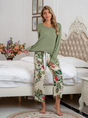 Botanical print lounge set with tie waist pants and long sleeve top in Matcha Green.